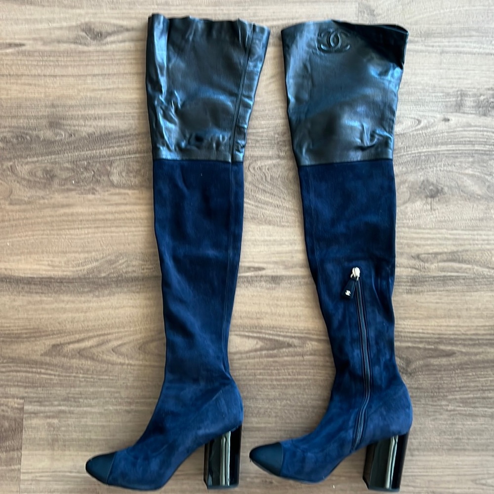 Chanel Navy Suede Thigh High Boots